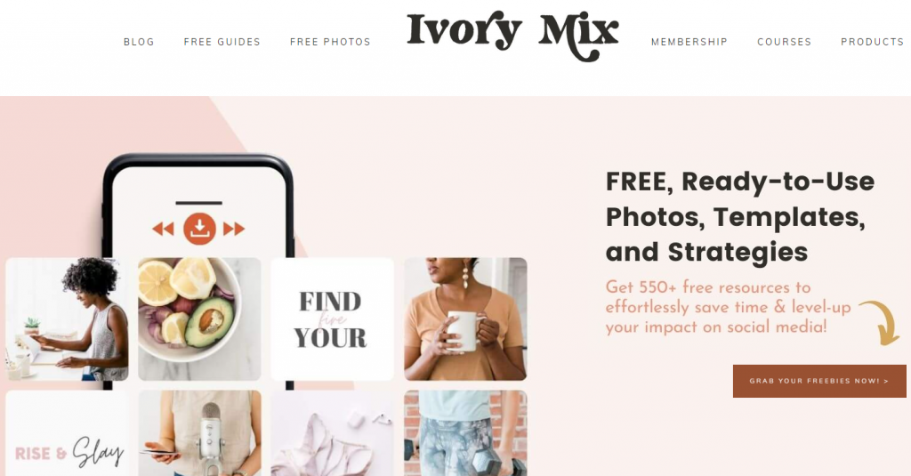 a screen grab of the ivory mix page to find images and such for how to start a blog