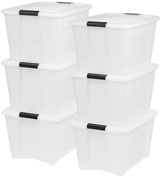 6 clean storage bins with white lids