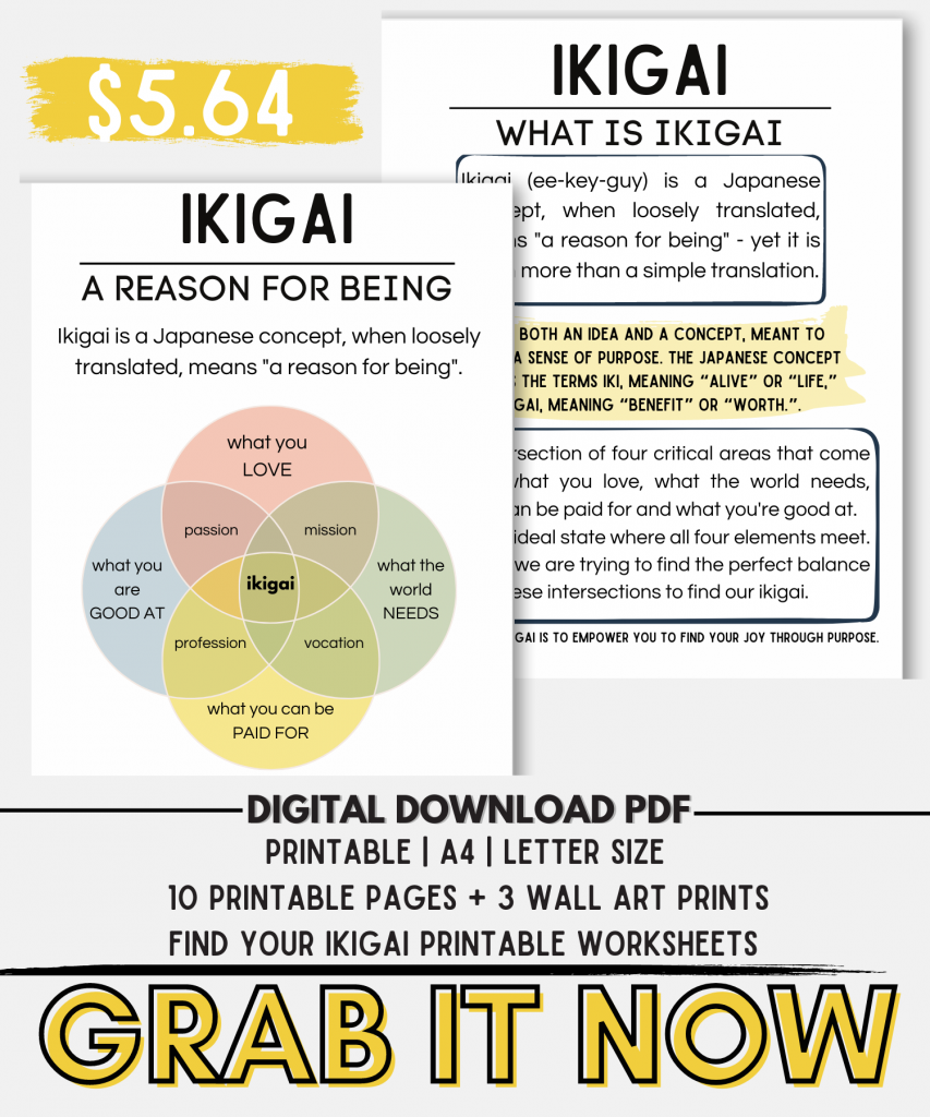 an ikigai test - what is ikigai - ikigai diagram with a digital downaldpdf - grab it now