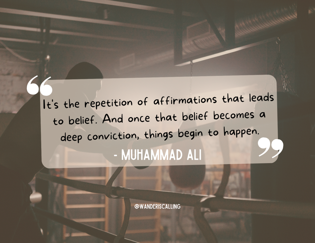 a boxer in the background in a boxing rink with a quote about the repetition of affirmations from muhammad ali