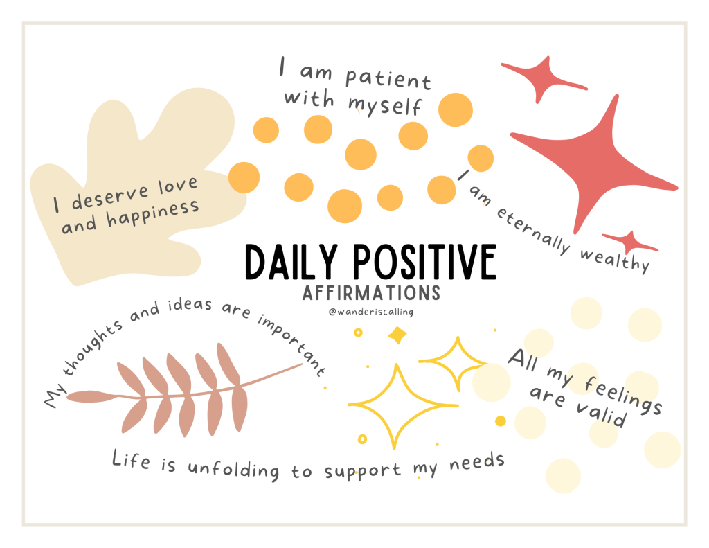 daily positive affirmations infographic with different coloured designs and 6 positive statements 