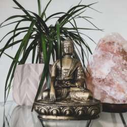 A bronze Buddha statue in front of a pink and white salt lamp and a green plant on a glass table