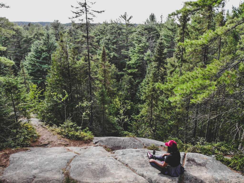 a woman wearing black and grey in a red hat sitting on a grey cliff and staring out into a forest filled with green trees
