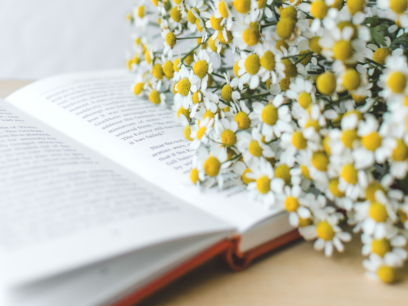 spring clean up your life with a table that has an open book and small white flowers
