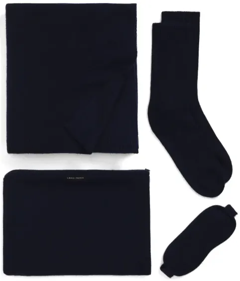 black 4 piece cashmere blanket, socks, eye mask and carry bag for travelling men