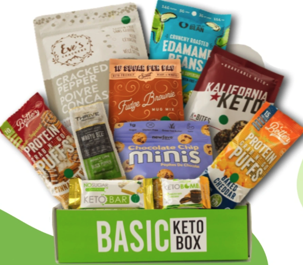 a green snack box with keto friendly snacks