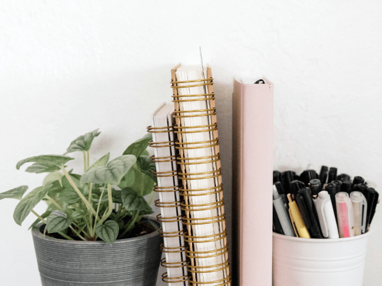 a plant, 2 spiral notebooks, a pink book spine and a jar with pens to signify manifestation bullet journaling