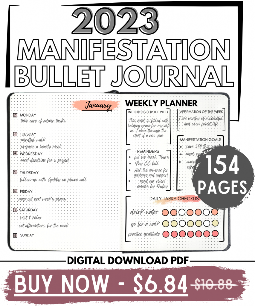 manifestation bullet journal with digital download pdf and buy now for 6.84 which has 154 pages