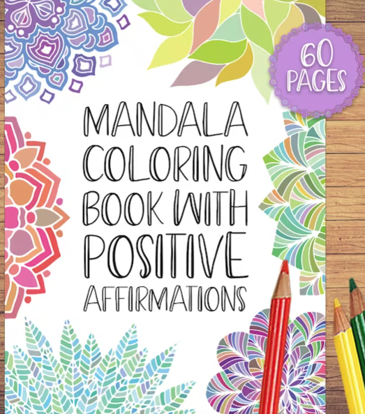 title: mandala colouring book with positive affirmations - 60 pages (in a purple bubble) with colourful mandala drawings around the title 